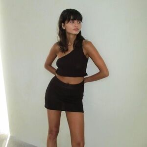 Brown One-Shoulder Top and Skirt Set